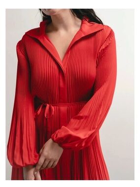 Darling Red Pleated Long-Sleeve Shirt Dress Maxi size M
